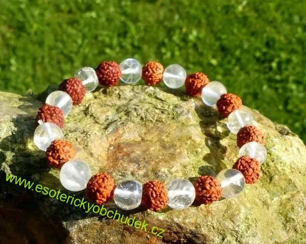 Náramek - rudraksha oříšky + kuličky z křišťálu 0,8 cm