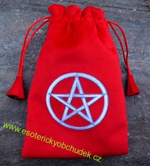 Sáček velký 14 x 20 cm s výšivkou symbolu PENTAGRAM červený samet