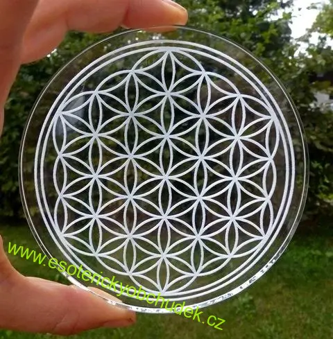 Skleněná podložka (podtácek) s laserovaným květem života - na harmonizaci, průměr 11 cm