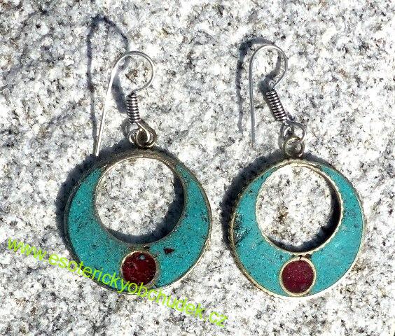 Naušnice - kruhy VI - imitace tyrkys+ červený korál