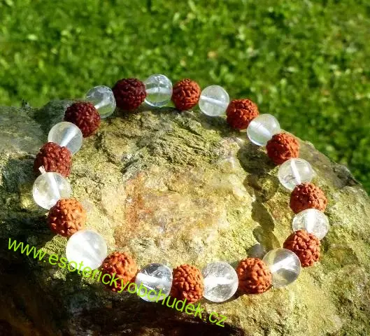 Náramek - rudraksha oříšky + kuličky z křišťálu 0,8 cm
