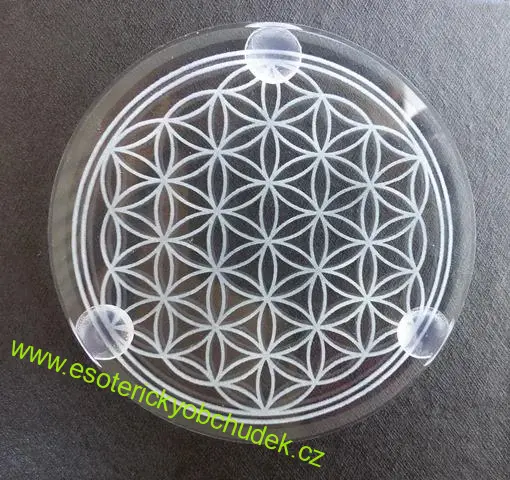 Skleněná podložka (podtácek) s laserovaným květem života - na harmonizaci, průměr 8 cm