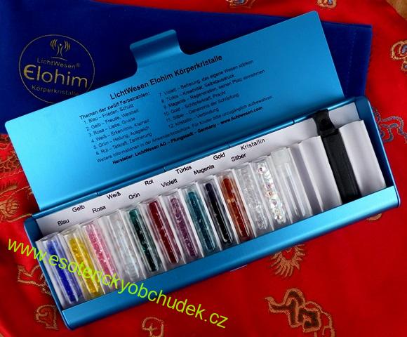 Vysokofrekvenční body krystaly pro harmonizaci - Krystaly Elohimů + terapeutická sada. Každá trubička obsahuje 24 krystalů. Sada obsahuje 12 druhů krystalů + návod v čj