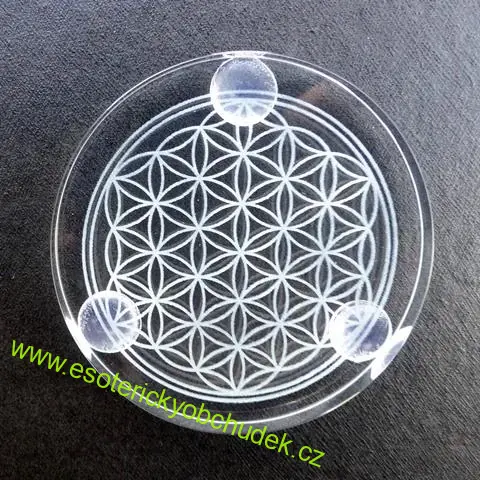 Skleněná podložka (podtácek) s laserovaným květem života - na harmonizaci, průměr 6 cm