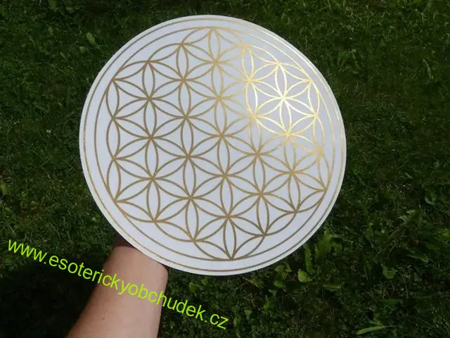 Květ života - samolepka 28 cm, zlatá na průhledné fólii - vhodná do okna, do auta ap.