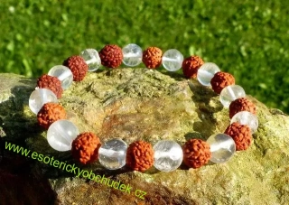 Náramek - rudraksha oříšky + kuličky z křišťálu 0,8 cm