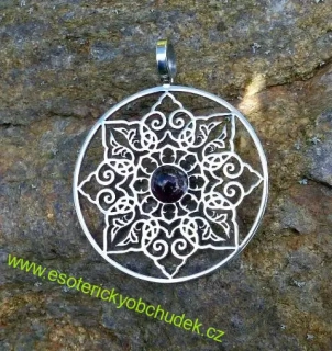 Přívěsek - Uzdravování - nerez ocel 3,5 cm s rhodolitem