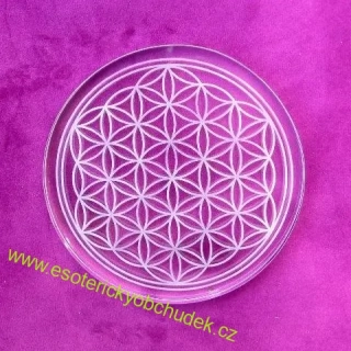 Skleněná podložka (podtácek) s laserovaným květem života - na harmonizaci, průměr 11 cm