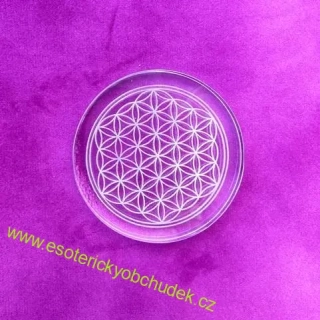 Skleněná podložka (podtácek) s laserovaným květem života - na harmonizaci, průměr 6 cm